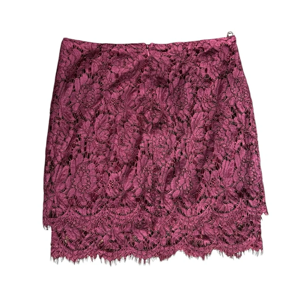 Lulu's | Women’s Burgundy Lace Two Tier Back Zip/Clasp Fringe Mini Skirt Size M